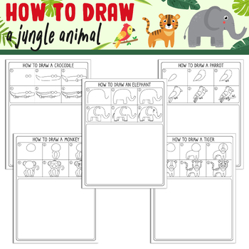 Preview of Learn How to Draw a Jungle Animal: Step by Step Tutorial + 5 Coloring Pages