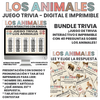Preview of Learn Spanish | Animales | Game | Digital | Printable | ESL | Trivia BUNDLE