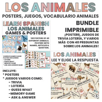 Preview of Learn Spanish | Animales | Posters | Games | Vocabulary | ESL | Printable BUNDLE