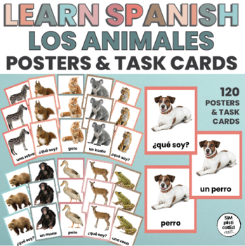 Preview of Learn Spanish | Animales | Task Cards | Posters | BOHO