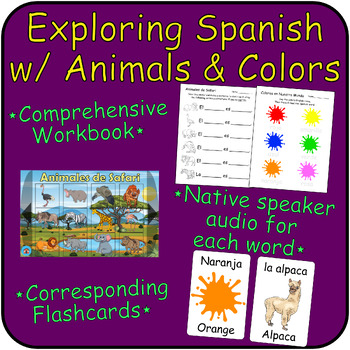 Preview of Learn Spanish with Animals and Colors Bundle: Workbook, Audio & Flashcards