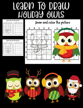 Preview of Learn to Draw Holiday Winter Owls using the grid method set of 5 pages