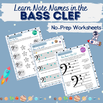 Preview of Learn to Read Bass Clef: No-Prep, Printable Worksheets (Sub Plans) Space Themed