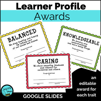 Preview of Learner Profile Class Award Certificates Editable Google Slides IB PYP SEL 