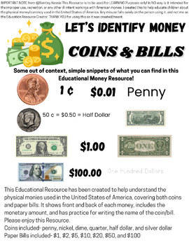 Preview of Learning Binder/Morning Menu: Identify Physical American Money (Coins & Bills)