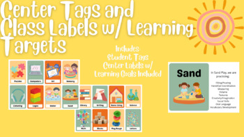 Preview of Learning Center Student Tags and Classroom Labels w/ Learning Goals Pre-K Kinder