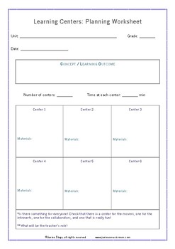 Preview of Learning Centers Planning Worksheet