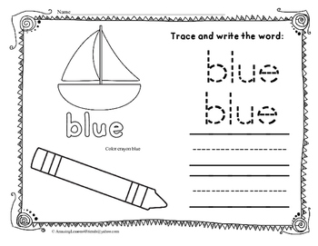 Learning Colors Trace and Writing Worksheets by AmazingLessons4Friends