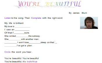 Preview of Learning English through songs. You are beautiful by James Blunt