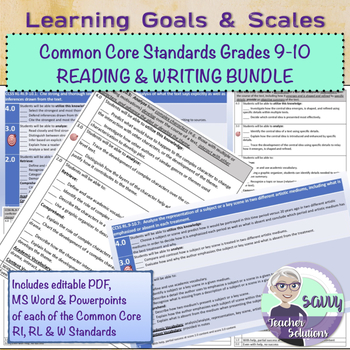 Preview of Learning Goals & Scales BUNDLE Common Core RI, RL & W Standards Grades 9-10