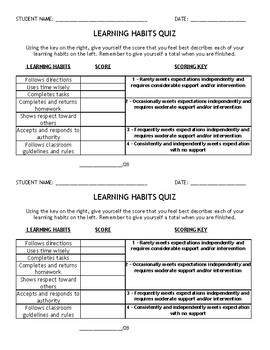 Preview of Learning Habits Quiz for Parent Teacher Conferences/Student Reflection