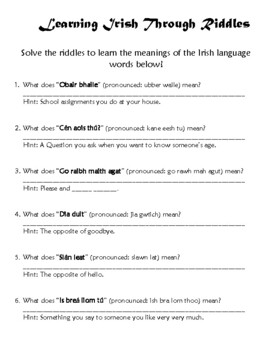 Preview of Learning Irish Words Through Riddles Worksheet