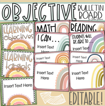 Preview of Learning Targets Bulletin Board Objectives Posters Boho Rainbow Theme Editable