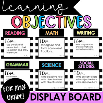 Preview of Learning Objectives Display Board | Black & Bright Colorful I Can Statements