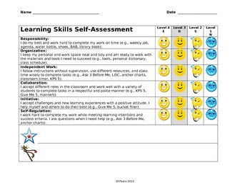 Preview of Learning Skills and Work Habits Self Assessment Rubric