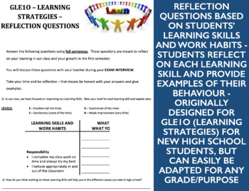 Preview of Learning Skills and Work Habits self-reflection - Learning Strategies GLE