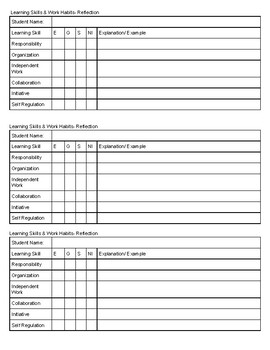 Preview of Learning Skills and Work Habits reflection for report cards