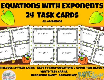 Preview of Learning Stations: Equations with Exponents 24 Task Cards All Operations
