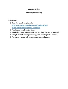 Preview of Learning Styles Activity - Learning and Writing