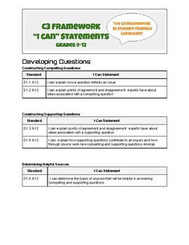 Preview of Learning Targets C3 Framework Written as I Can Statements History Grades 9-12