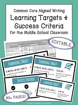 Preview of Learning Targets & Success Criteria | Middle School Writing Standards | EDITABLE