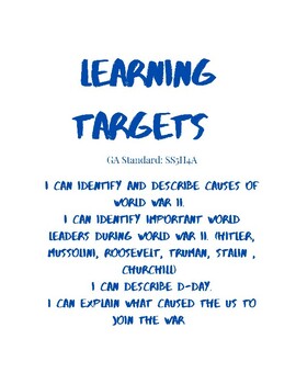 Preview of Learning Targets and Essential Questions for World War II