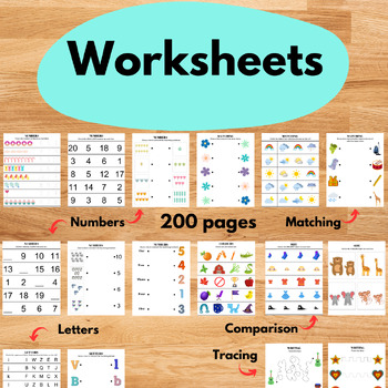 Preview of Learning Worksheet ABCs Numbers Letters Shapes Counting Opposites Comparing