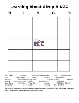 Preview of Learning about Sleep BINGO