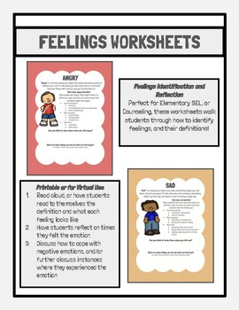 Preview of Learning and Recognizing Feelings Worksheets, Elementary SEL or Counseling
