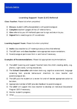 Preview of Learning and Support Referral Forms and Checklist