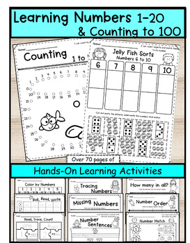 Preview of Learning Numbers 1-20, and Counting to 100, Hands-On Activity Worksheets