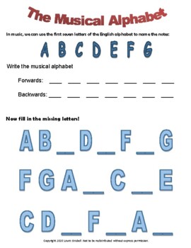 Preview of Learning the Musical Alphabet - Beginning Music Writing Worksheet