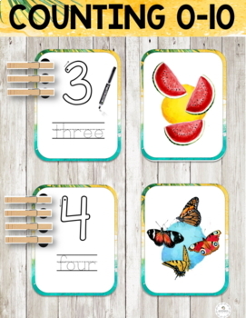 Preview of Learning to Count 0-10 Math Cards | English & Spanish | Summer Theme