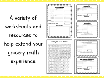 learning to count money while grocery shopping cards and worksheets