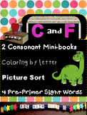 Learning Letters C and F- Minibooks, picture-sorts, colori