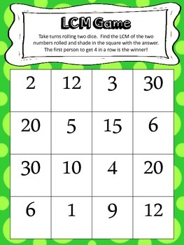 Least Common Multiple Dice Game by Math Hands On | TpT