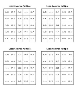 Least Common Multiple L.C.M. Bingo - (100) Different Cards - Print, Cut ...