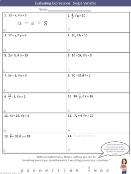 Evaluating Expressions Worksheets by Kaffenate Math Academy | TpT