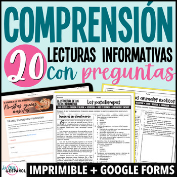 Preview of Lecturas de comprensión - 20 Nonfiction Reading Comprehension Worksheets Spanish