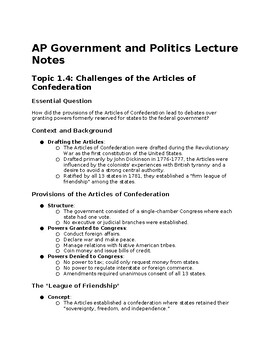 Preview of Lecture Notes AP Government 1.4: Challenges of the Articles of Confederation
