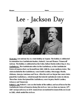 Lee Jackson Day - Virginia Holiday History Facts Questions activities