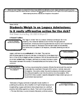 Preview of Guided Reading Informational Article: Legacy Admission Debate