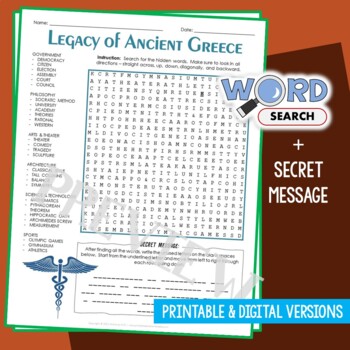 Preview of Legacy of Ancient Greece Word Search Puzzle Activity Vocabulary Worksheet