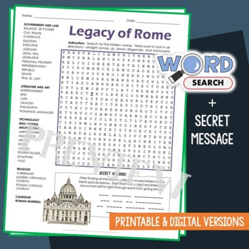 Preview of Legacy of Rome Word Search Puzzle Activity Vocabulary Worksheet Secret Message