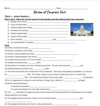 Preview of Legislative Branch Congress Article I comprehensive review worksheet and KEY