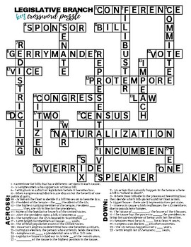 Legislative Branch Crossword Puzzle by Leah Johnson TPT