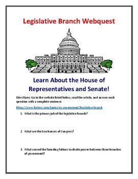 Preview of Legislative Branch (House of Representatives & Senate) Webquest With Answer Key!