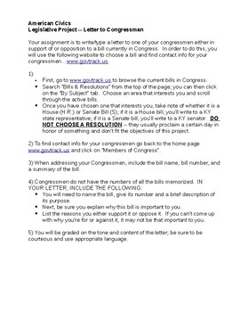 Preview of Legislative Branch Project - Letter to Congressman