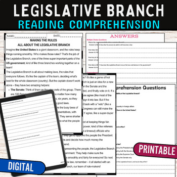 Preview of Legislative Branch Reading Comprehension Passage,Digital & Print