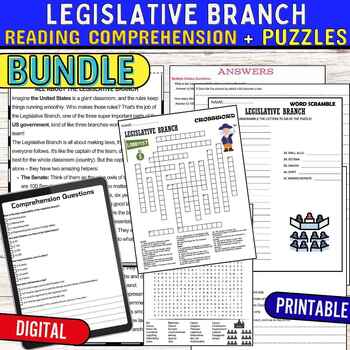 Preview of Legislative Branch Reading Comprehension Puzzles,Digital & Print BUNDLE